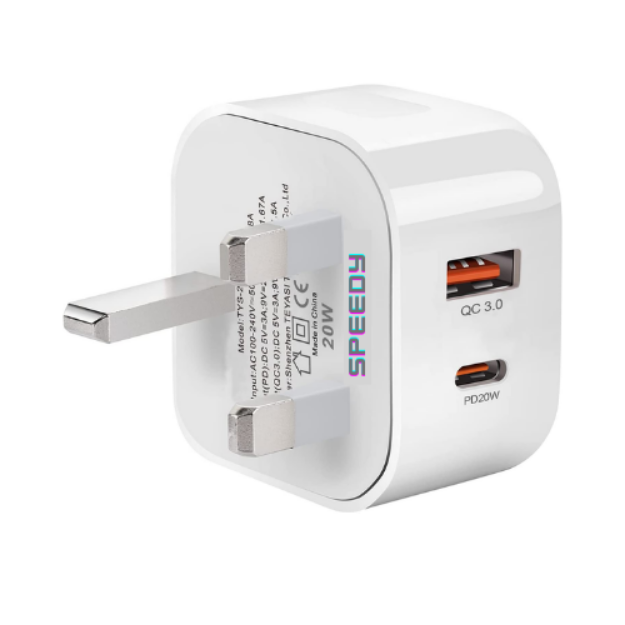 Picture of SPEEDY® iPhone 14 Dual Port USB C + USB A Power Adapter 20W PD/QC3.0 Super Fast Charger for iPhone iPad Samsung Huawei & MacBook