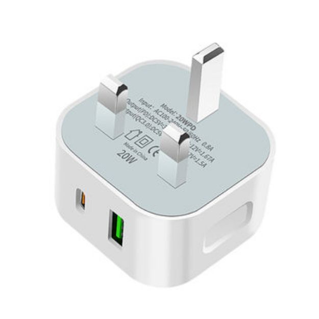 Picture of SPEEDY® Dual Port 20W USB C + USB A Charger Plug UK 3 Pin Power Adapter PD/QC3.0 Dual Port Super Fast Charger 20W Power Adapter for Samsung Galaxy S22/S22+/S22 Ultra / S21/S20/S10/ Note 20/10/9/8 / Samsung S8/S9/S10/Plus and other Huawei, HTC, Nokia, Google & OnePlus Smartphones 