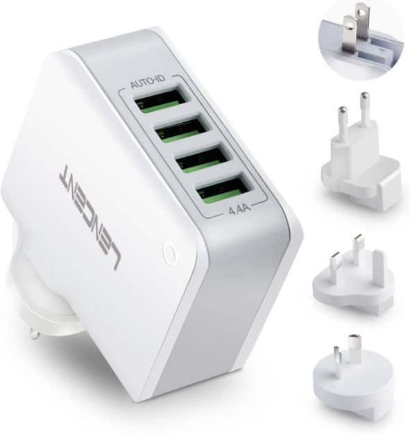 Picture of USB Charger Plug Worldwide Travel Charger Adapter 4-Port USB Universal Travel Adaptor, 22W/5V 4.4A Wall Charger for iPhone, iPad, Android, Tablets and Laptops