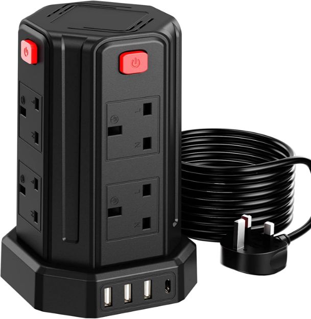 Picture of Tower Extension Lead with USB Slots, 3M & 5M Multi Plug Extension 8 Outlets and 4 USB (1 Type C and 3 USB Ports) [13A 3250W] Surge Protector Extension Lead with Widely Spaced Outlets for TV PC Tablets