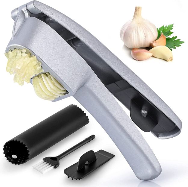 Picture of Zulay 2-in1 Garlic Press Set - Dual Function Garlic Mincer & Slicer - Heavy Duty Easy Squeeze Garlic Crusher with Cleaning Brush & Silicone Garlic Tube Peeler