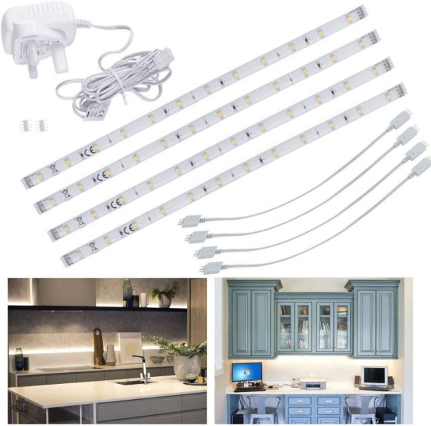 Picture of LED Under Kitchen Cabinet Strip Lights Day Light, Plug in Light Bars for Shelf Closet Showcase  |Cool White, 4 x 30cm