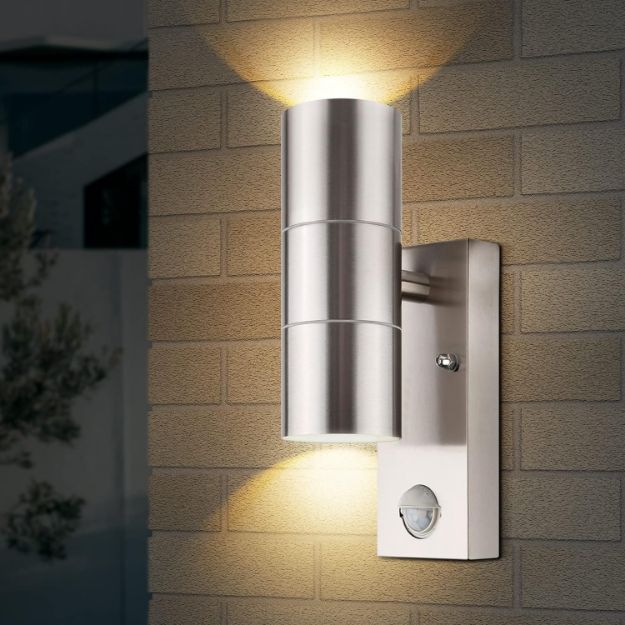 Picture of Stainless Steel Up Down Wall Light with PIR Sensor, Mains Powered Exterior Outdoor Wall Lamp, IP44