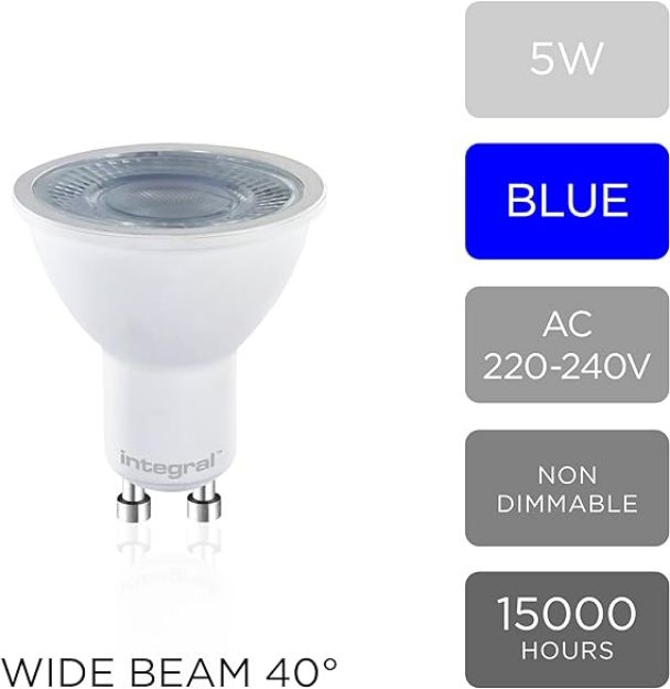 Picture of LED 2 - Pack GU10 Blue Colour Spotlight Bulb – 5W (50W Equivalent), 40° Beam Angle - Suitable for Displays, Restaurants, Hotels, Gardens