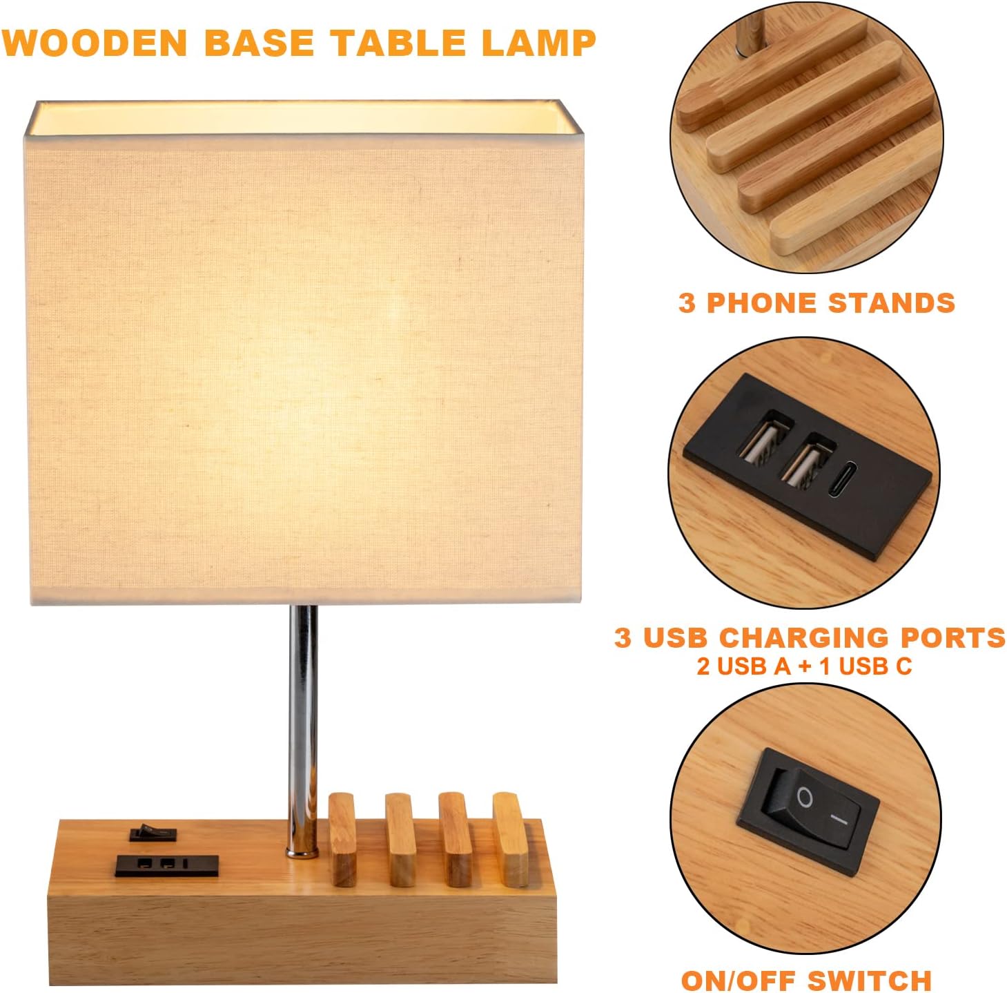 USB Bedside Table Lamp with 3 Usb Charging Ports And Phone Charge Dock