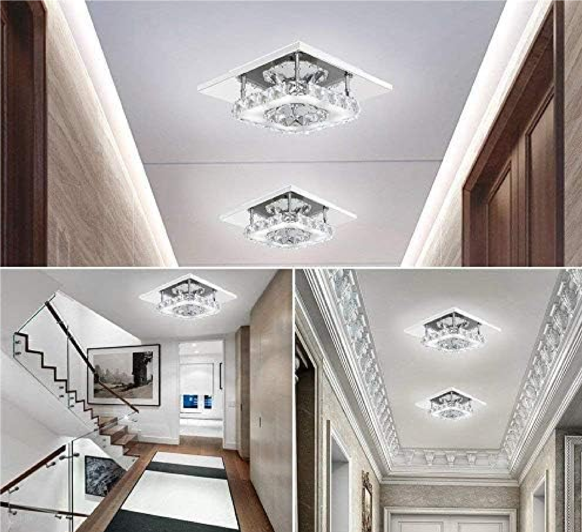 12W LED Crystal Ceiling Light - 6000K Cool White, 21cm Square Stainless ...