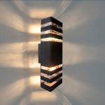 Picture of 3 Layer Modern LED Up Down Porch Light - Black Exterior Front Door Lighting - Weatherproof Garden & Patio Wall Lamp, Bulbs Not Included