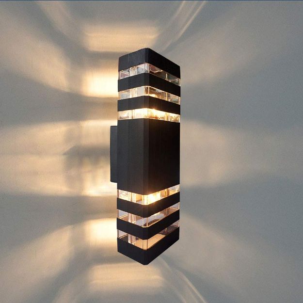 Picture of 3 Layer Modern LED Up Down Porch Light - Black Exterior Front Door Lighting - Weatherproof Garden & Patio Wall Lamp, Bulbs Not Included