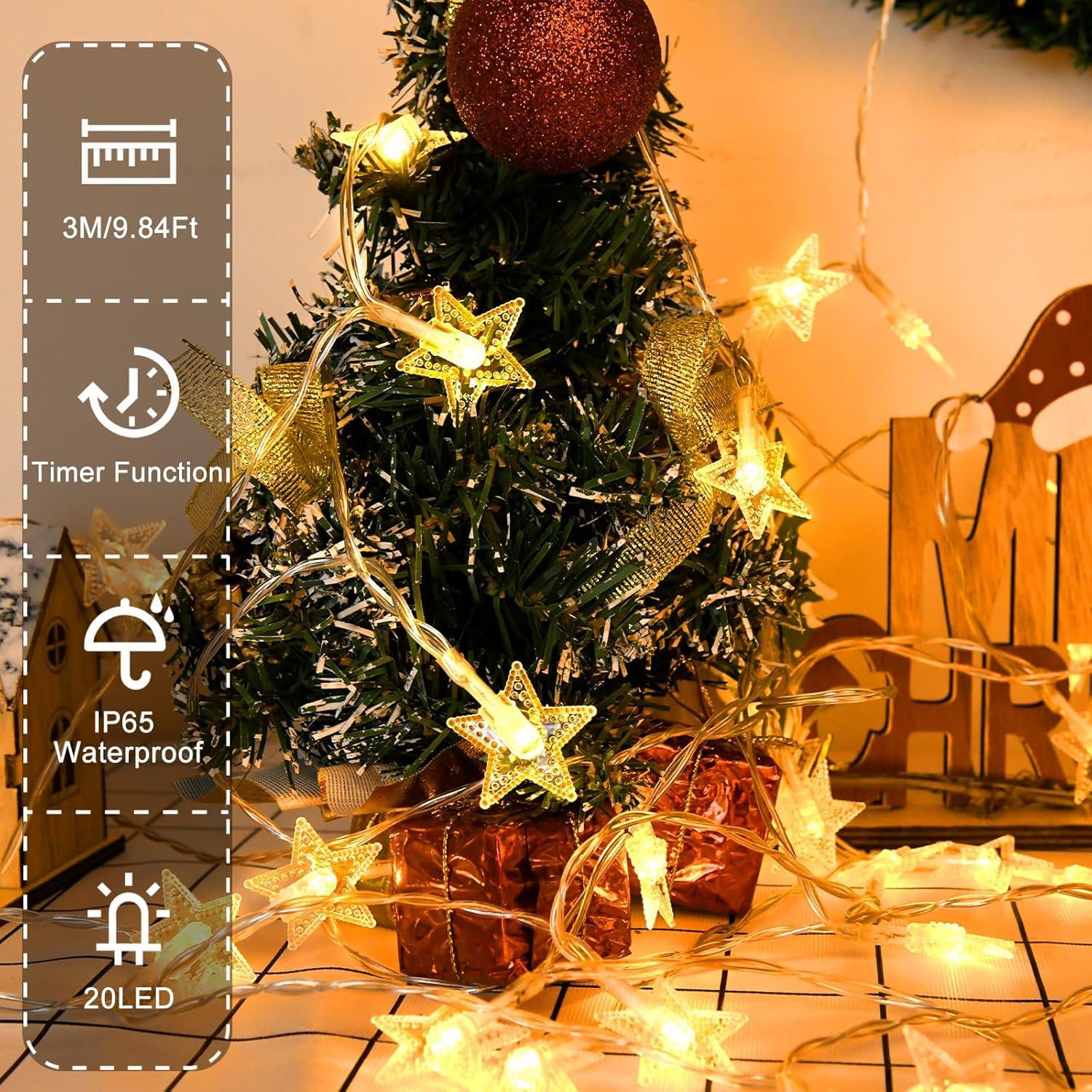 Warm White Star Fairy Lights with Timer