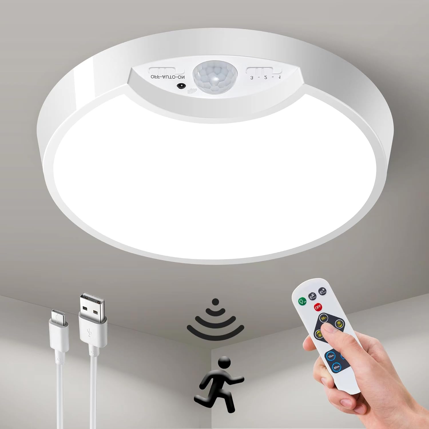 Rechargeable Motion Sensor Ceiling Light – 7.5" 400LM Battery Operated ...
