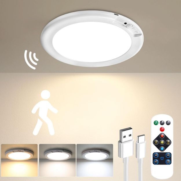 Picture of Rechargeable Motion Sensor Light with Remote Control, Magnetic Wireless LED Ceiling & Wall Light, Battery Powered PIR Sensor Lamp for Shed, Loft, Bathroom, Garage & Hallway