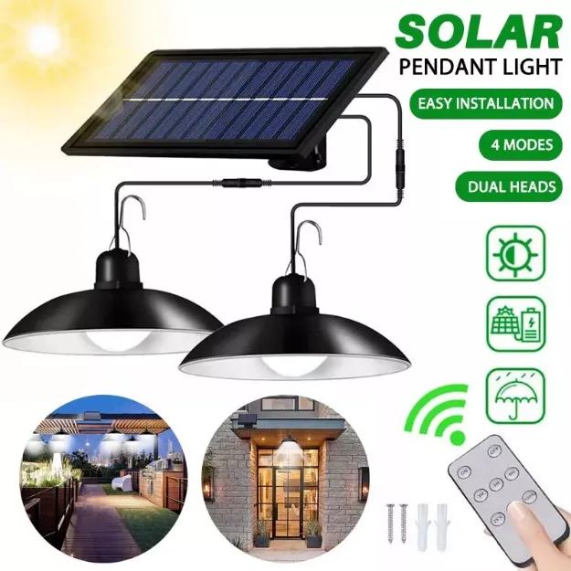 Picture of 2-Head Solar-Powered LED Pendant Lights – Dual Hanging Lamps for Garden, Shed, Yard & Indoor Spaces