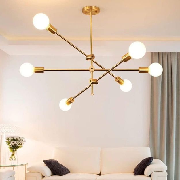 Picture of Vintage Semi-Recessed Antique Golden Sputnik Chandelier – 6-Light Modern Ceiling Fixture for Living Rooms, Bedrooms, and Dining Spaces
