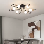 Picture of 6-Light Flower Shaped Flush Mount Ceiling Light - Modern Nordic Metal Chandelier, Black/Gold Retro Fixture for Living Room, Dining Room, Bedroom - E26/E27 Base (Bulbs Not Included)