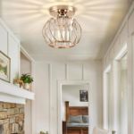 Picture of Gold Crystal Chandelier Ceiling Light - 14-Crystal Semi Flush Mount Fixture, Vintage Farmhouse Lighting for Kitchen, Dining Room, Bedroom - E27 Base