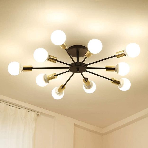 Picture of Vintage Industrial Ceiling Light - 28" Black & Gold Iron Chandelier with 10 E27 Sockets - Farmhouse Flush Mount Lighting for Dining Room, Living Room, Café - Bulbs Not Included 