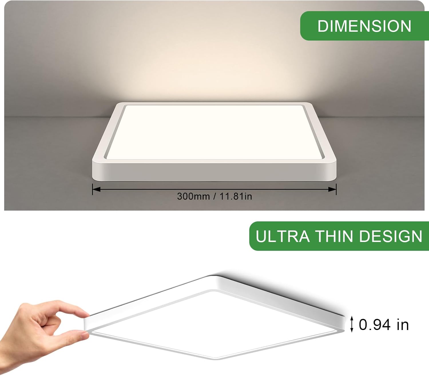 12-Inch Square LED Ceiling Light Panel - 24W Ultra-Thin Flush Mount ...