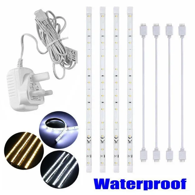 Picture of LED Strip Lights for Kitchen Cabinets - 4x 30cm Cool White (6000K) Under Cabinet Lighting Bars, Plug-in Energy Efficient LED Lights for Shelves & Closets