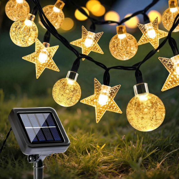 Picture of Solar Garden String Lights 10M/33Ft, 60 LED Warm White Crystal Ball & Star Fairy Lights, IP65 Waterproof Outdoor Decorative Lights with 8 Modes for Garden, Yard, Patio & Home